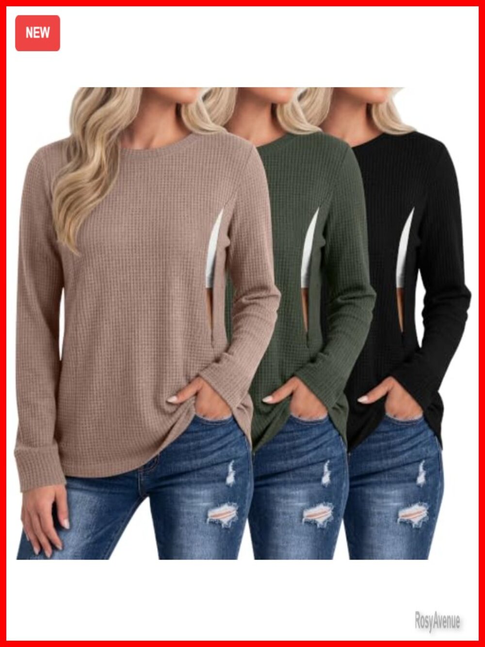Nursing Long Sleeve Shirts 3 Pack Hidden Zipper Waffle Knit Breastfeeding Tops